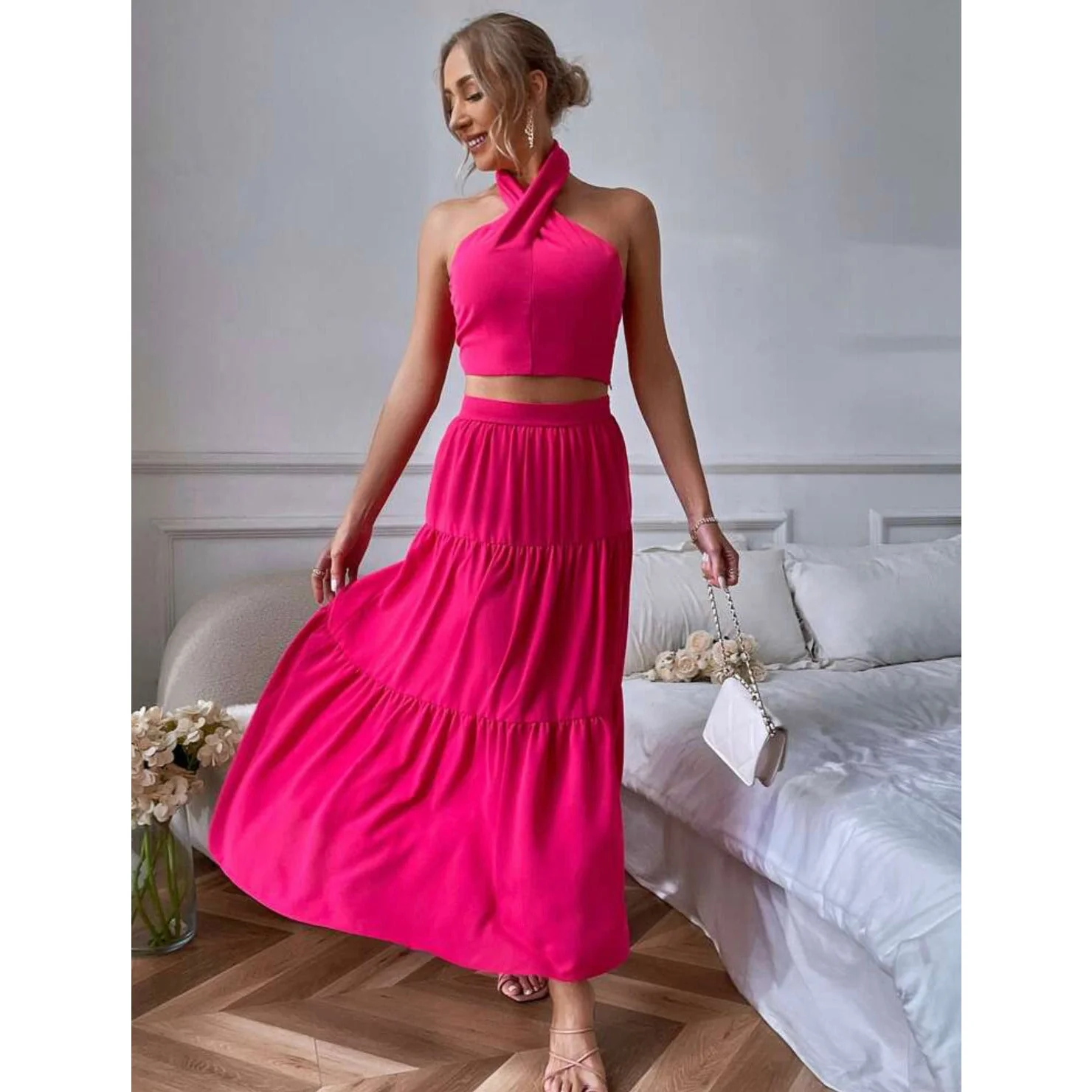 Solid Backless Crop Halter Top & Ruffle Hem Skirt - Image 2