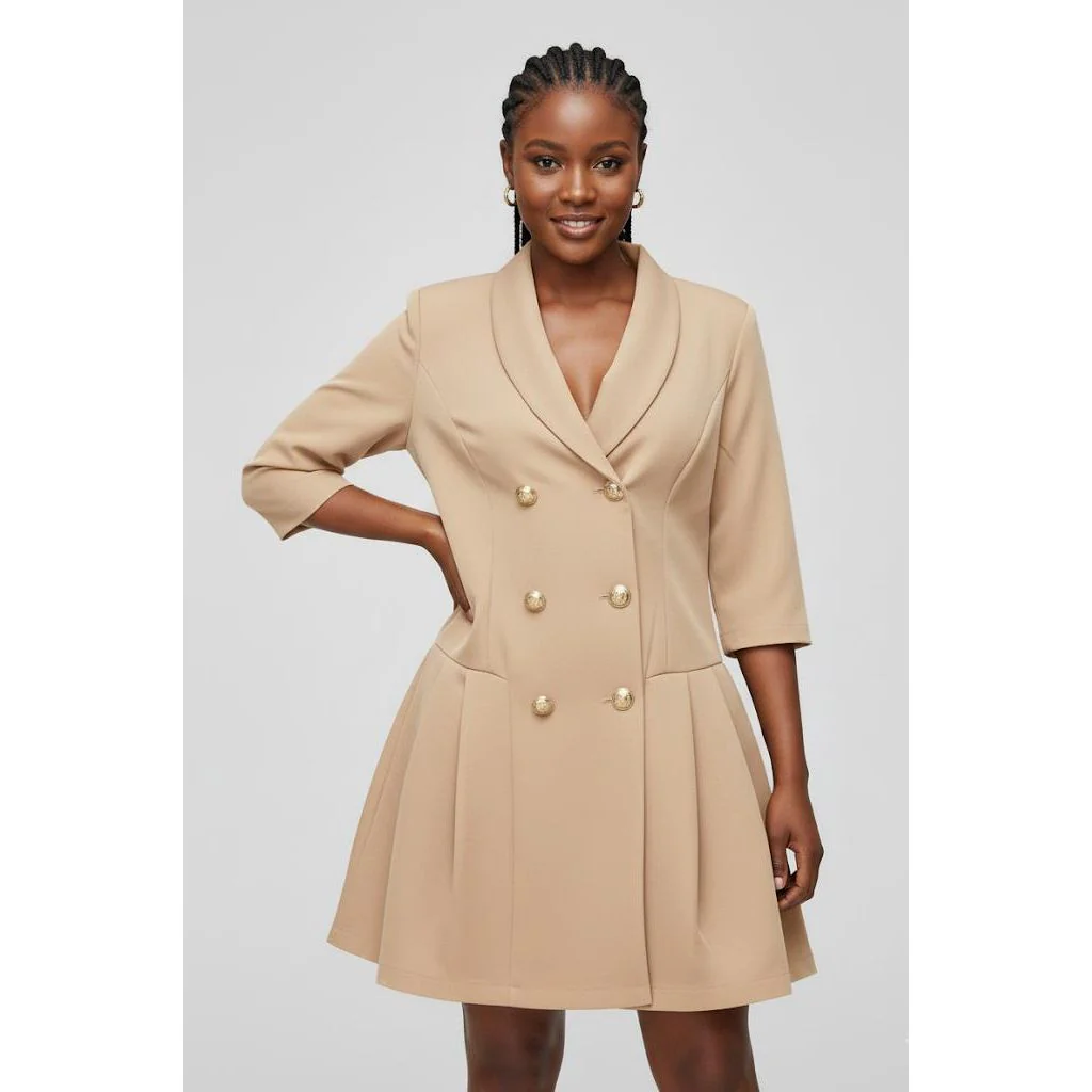 Solid Color Double-Breasted Blazer Dress - Image 2