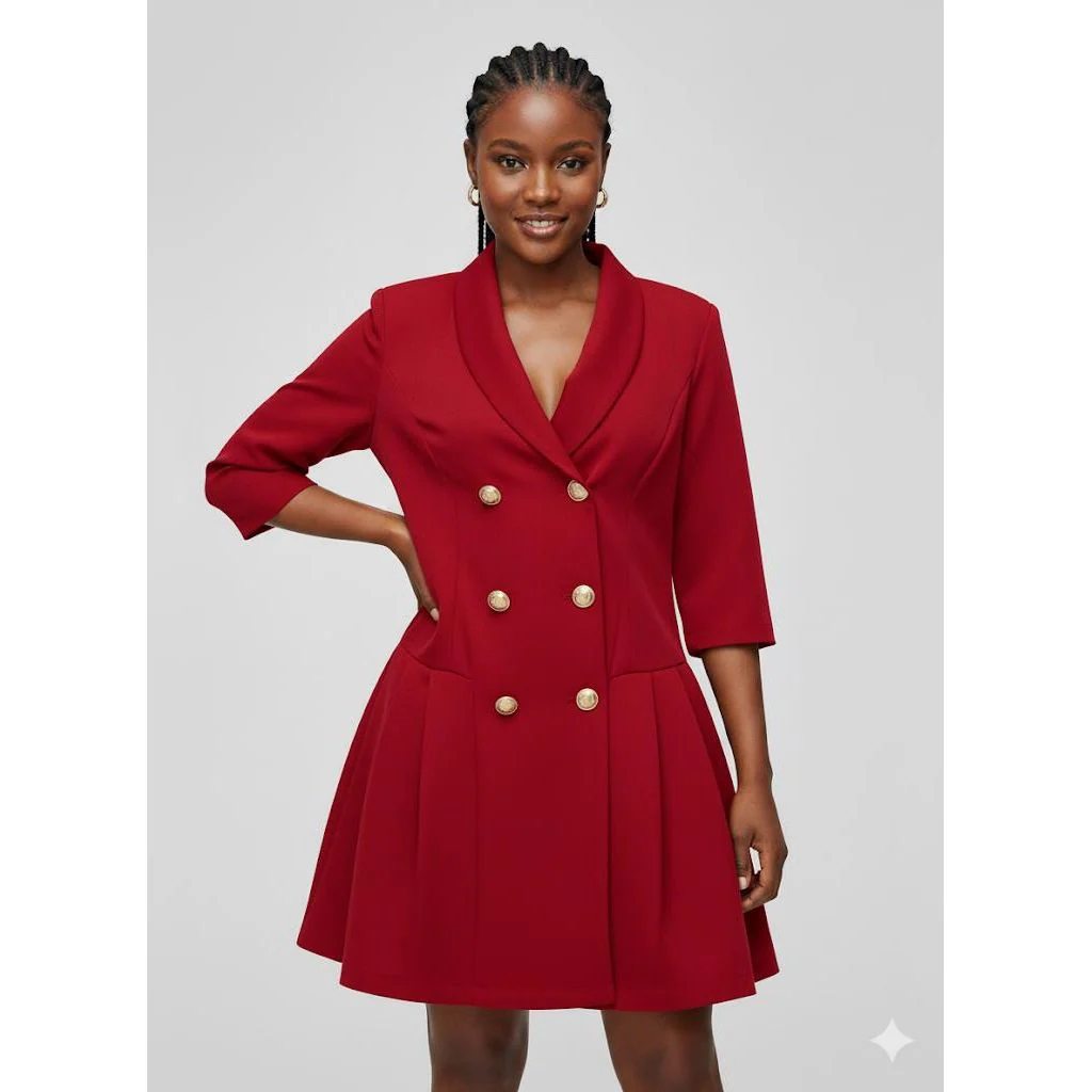 Solid Color Double-Breasted Blazer Dress - Image 4