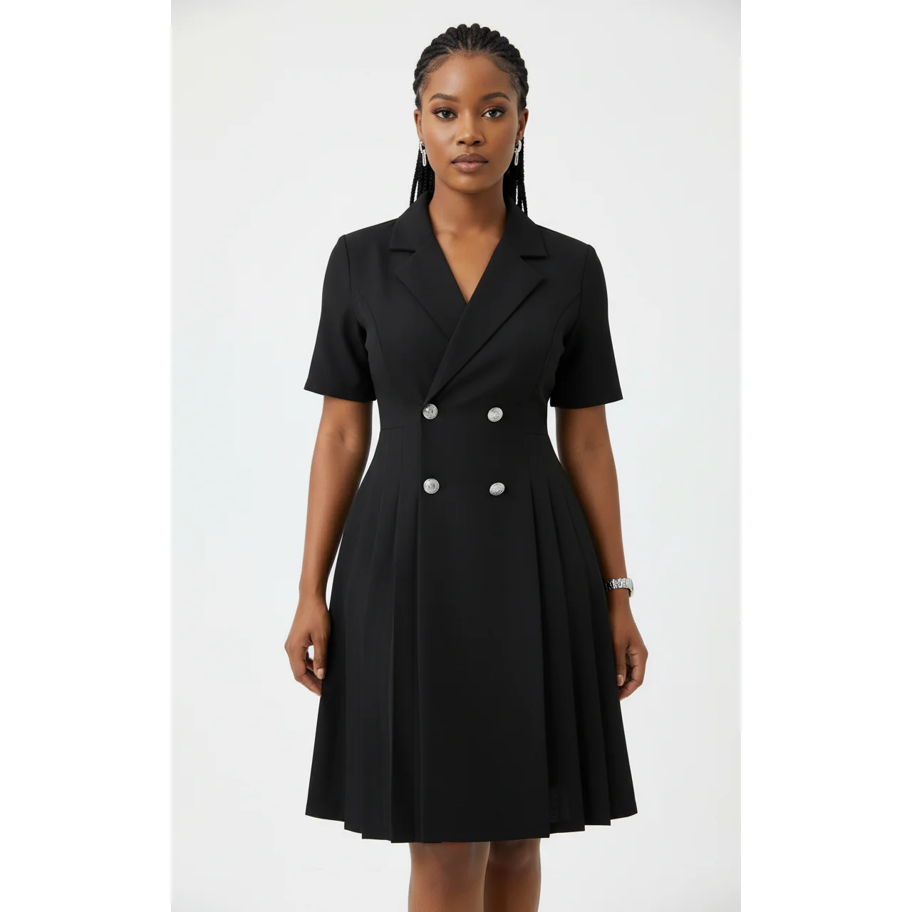 Solid Color Double-Breasted Blazer Knee Dress - Image 2