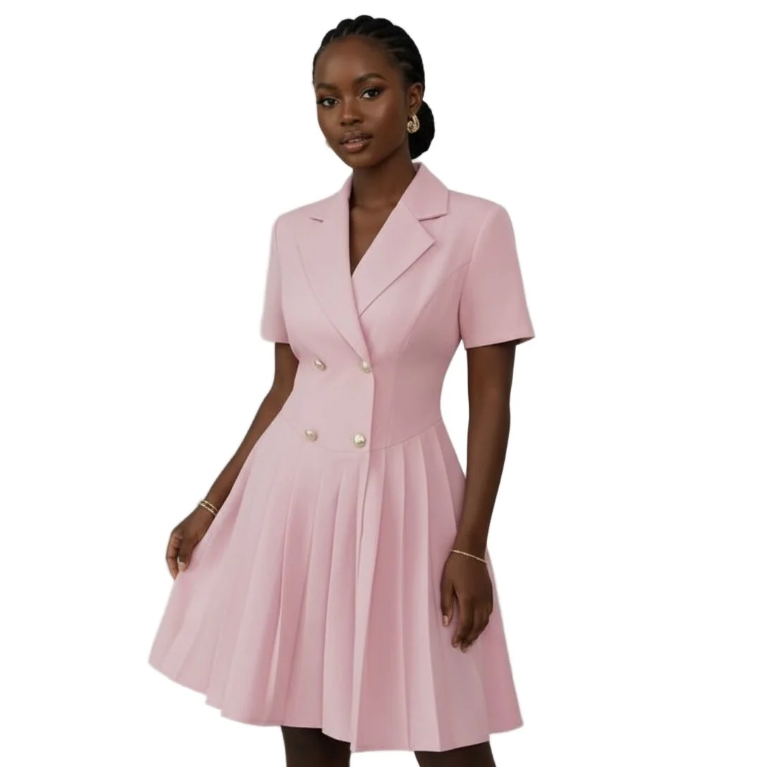 Solid Color Double-Breasted Blazer Knee Dress - Image 3