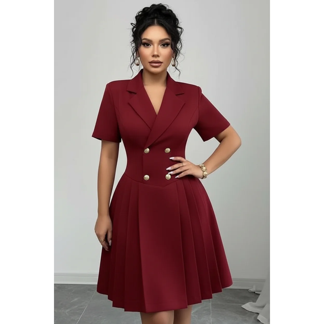 Solid Color Double-Breasted Blazer Knee Dress - Image 5