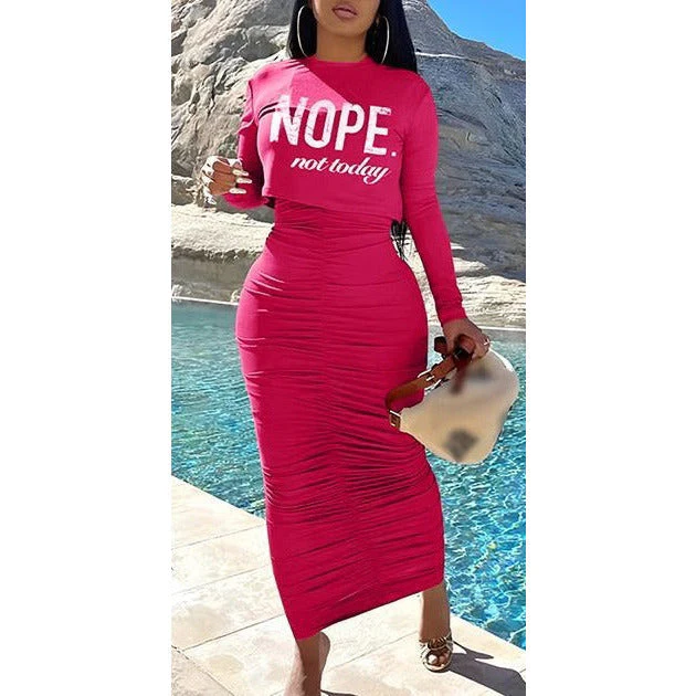 Solid Color Dress and Printed Crop Top Set - Image 2