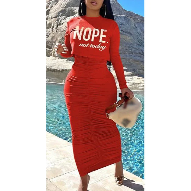 Solid Color Dress and Printed Crop Top Set - Image 3