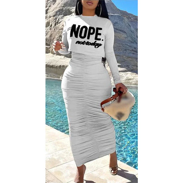 Solid Color Dress and Printed Crop Top Set - Image 5