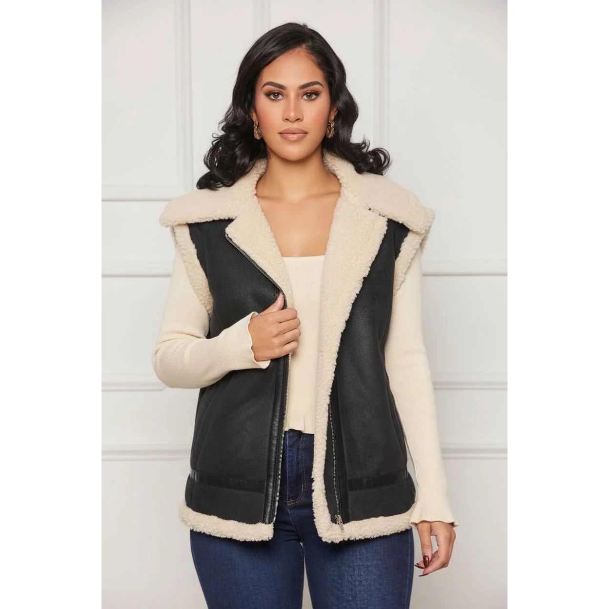 Solid Color Teddy Lined Zip Up Vest Jacket - Image 2