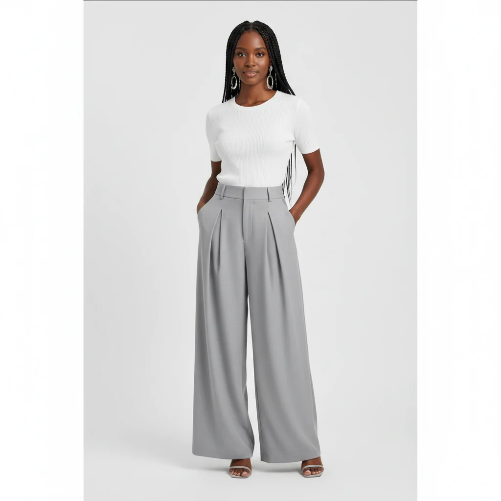 Solid Color Wide Leg Two-Button Pleated Long Casual Pants - Image 2