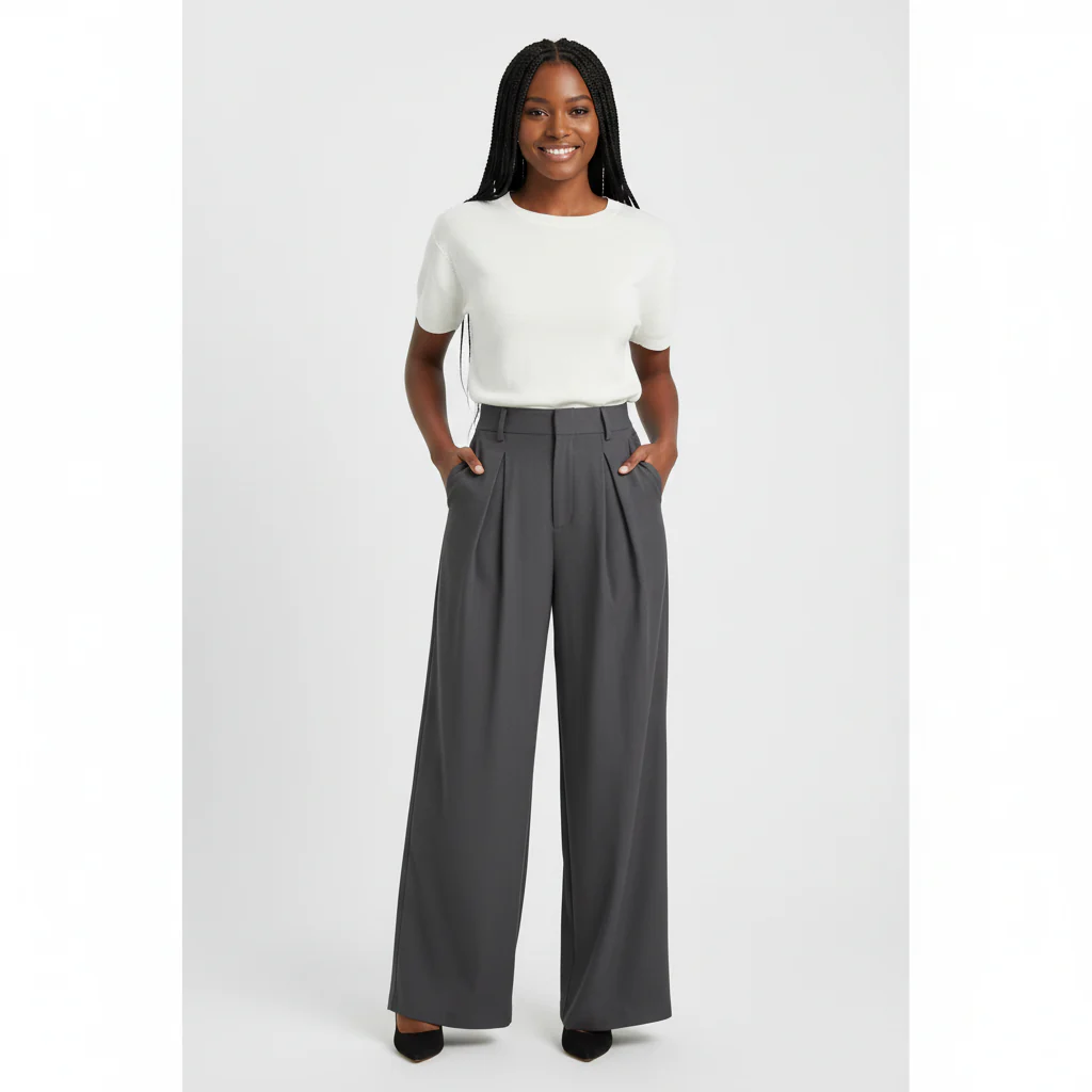 Solid Color Wide Leg Two-Button Pleated Long Casual Pants - Image 3