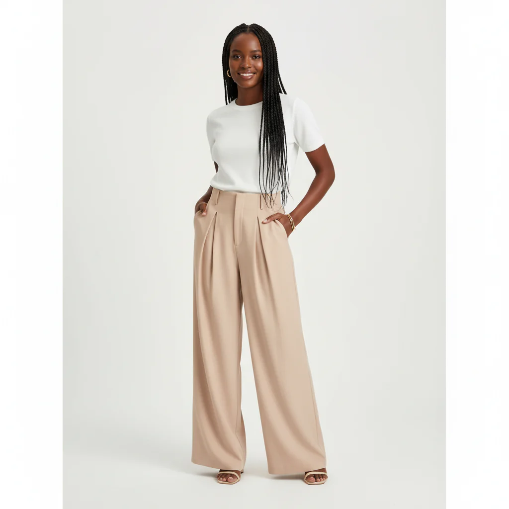 Solid Color Wide Leg Two-Button Pleated Long Casual Pants - Image 4