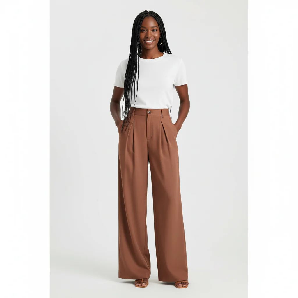 Solid Color Wide Leg Two-Button Pleated Long Casual Pants - Image 7