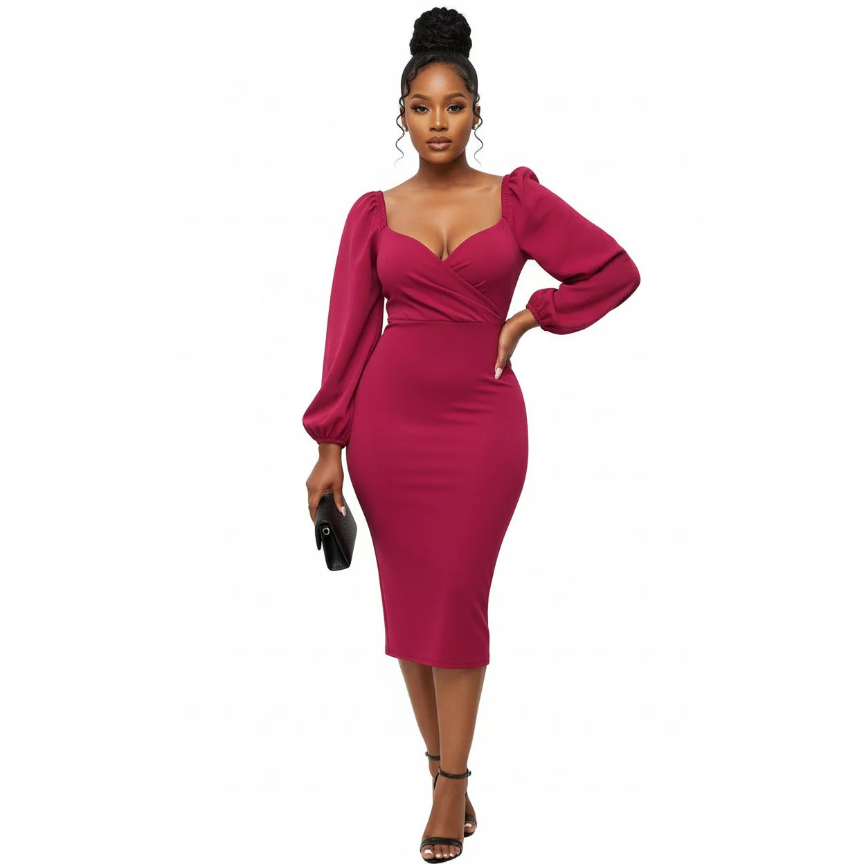 Solid Lantern Sleeve V-Neck Dress Elegant Split Bodycon