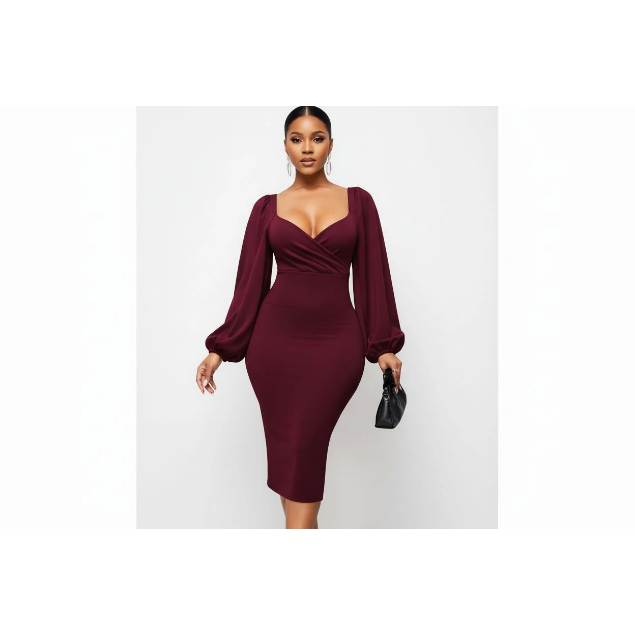 Solid Lantern Sleeve V-Neck Dress Elegant Split Bodycon - Image 5
