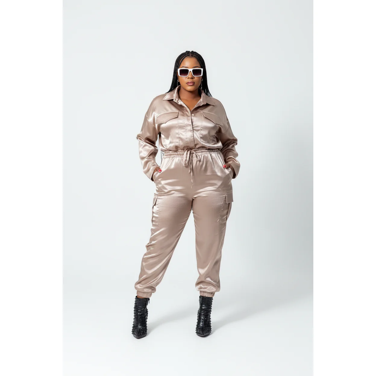 Solid Satin Half Sleeve Top and Long Pants Set.