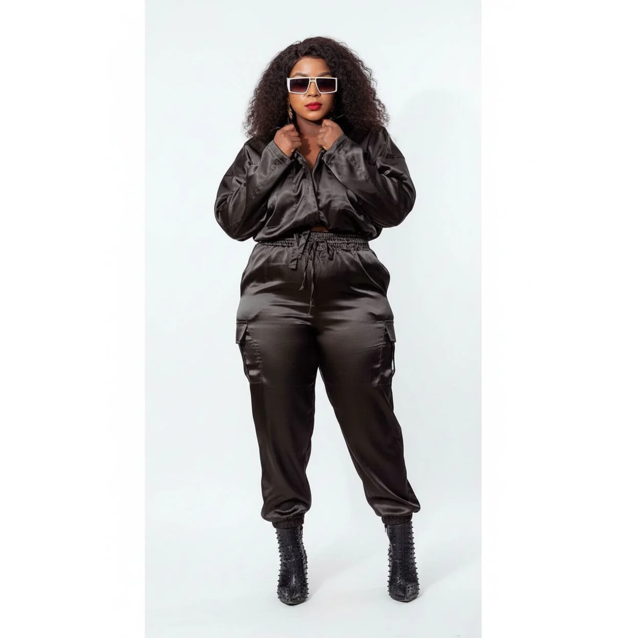 Solid Satin Half Sleeve Top and Long Pants Set. - Image 2
