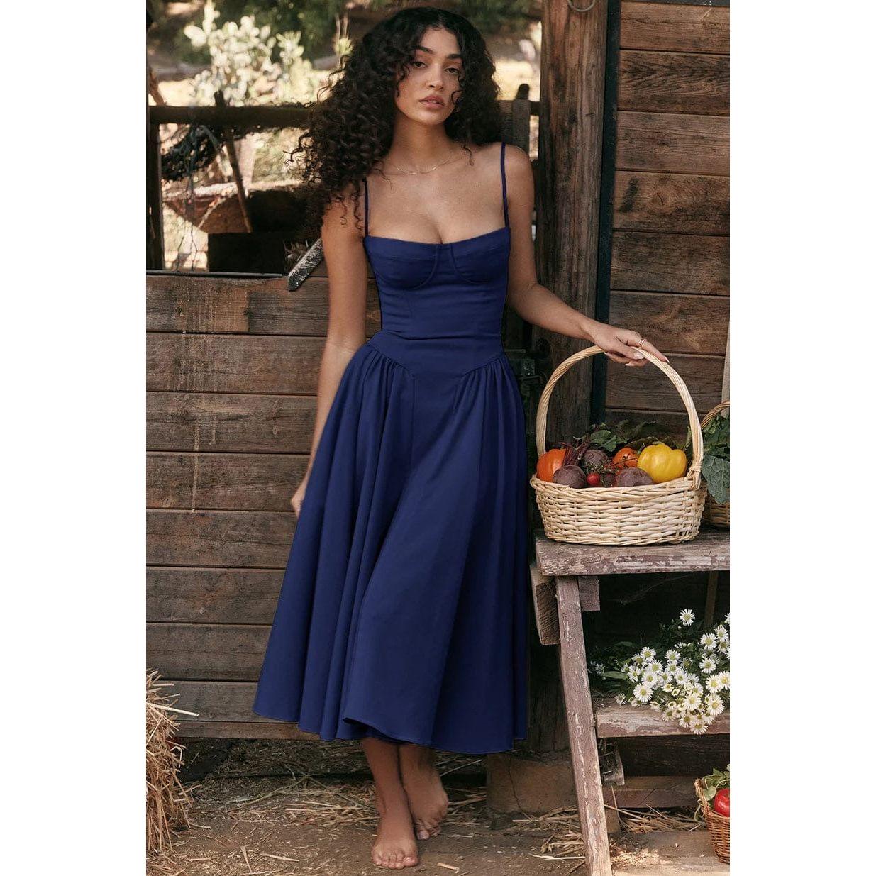 Spaghetti Strap Pleated Sleeveless Corset Midi Dress. - Image 4