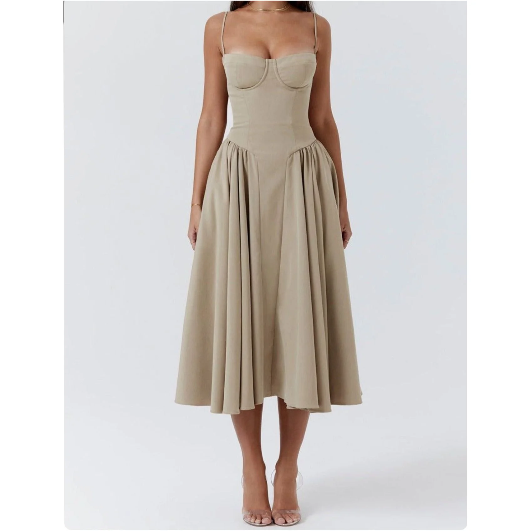 Spaghetti Strap Pleated Sleeveless Corset Midi Dress. - Image 5
