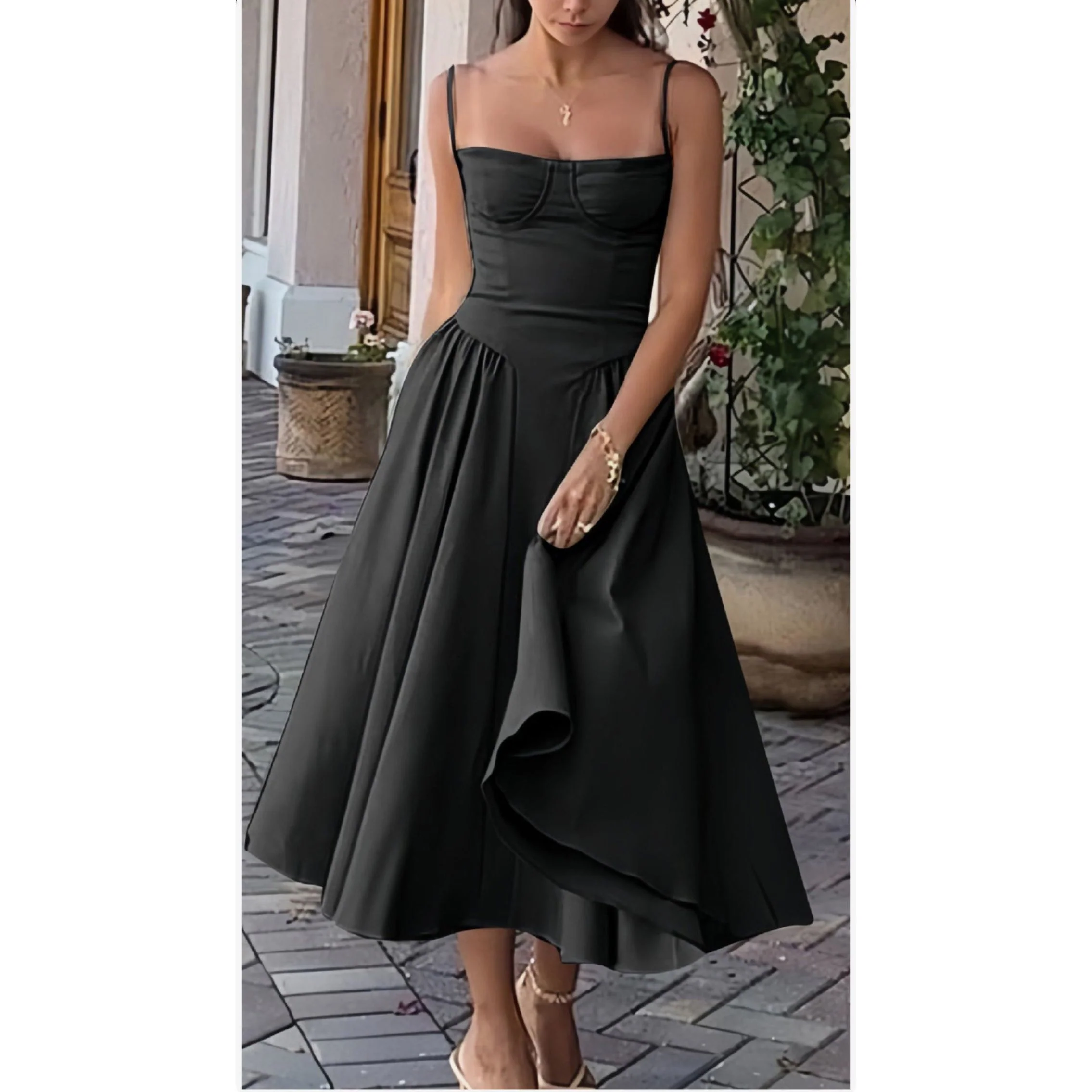 Spaghetti Strap Pleated Sleeveless Corset Midi Dress. - Image 6