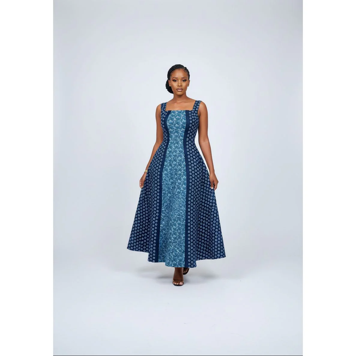 Square Neck Geometric Panel  Traditional Maxi Dress