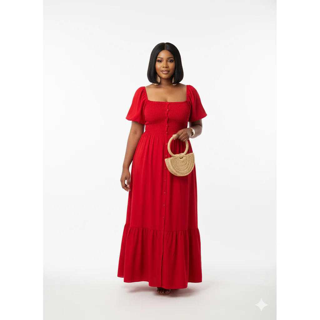 Square Neck Short Sleeve Flare Maxi Dress.