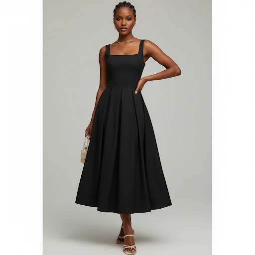 Square Neck Sleeveless Plain Colour Midi Dress - Image 2