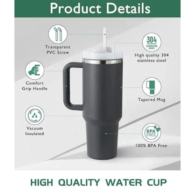 Stainless Steel Insulated Travel Mug - Tumbler with Straw & Handle - 1.2L - Image 6