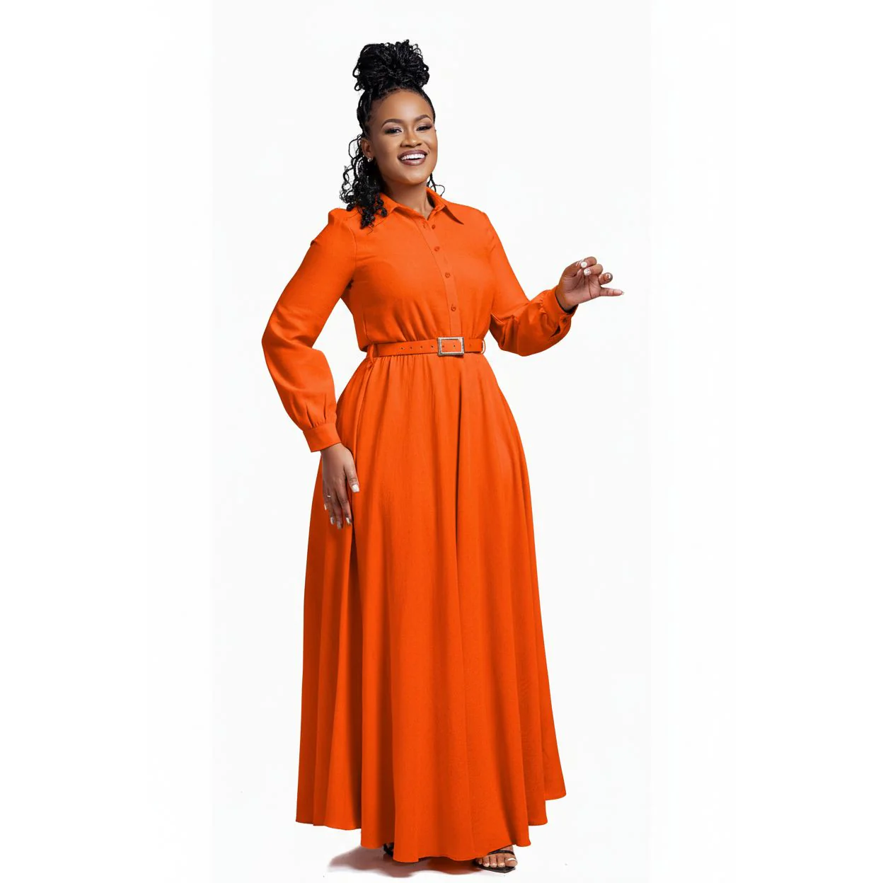 Stand Collar Flared Sleeve Fitted Hem Elegant Long Dress