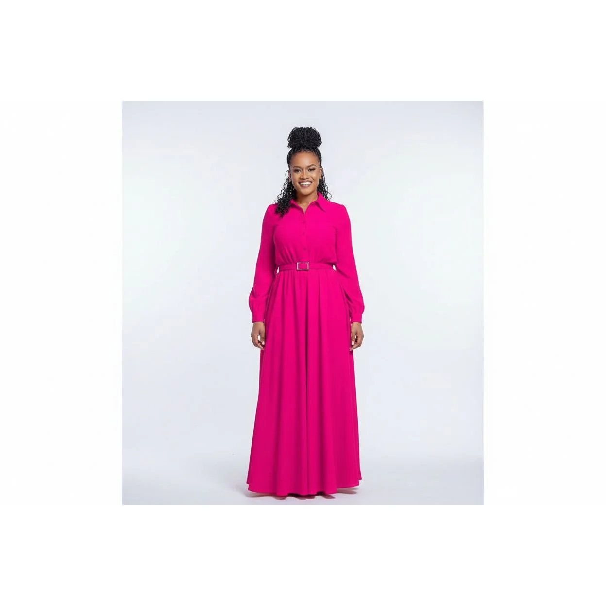 Stand Collar Flared Sleeve Fitted Hem Elegant Long Dress - Image 2