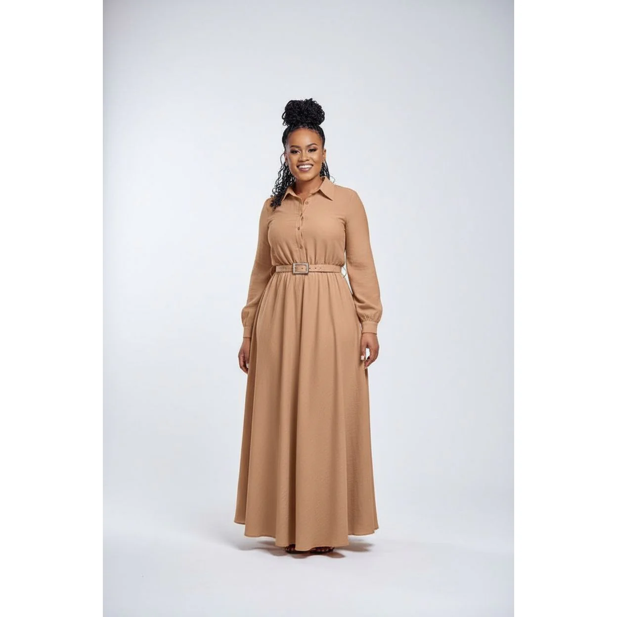 Stand Collar Flared Sleeve Fitted Hem Elegant Long Dress - Image 4