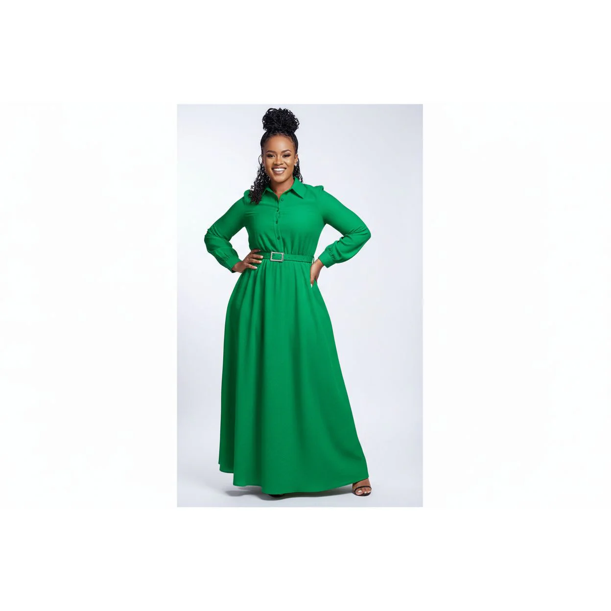 Stand Collar Flared Sleeve Fitted Hem Elegant Long Dress - Image 5