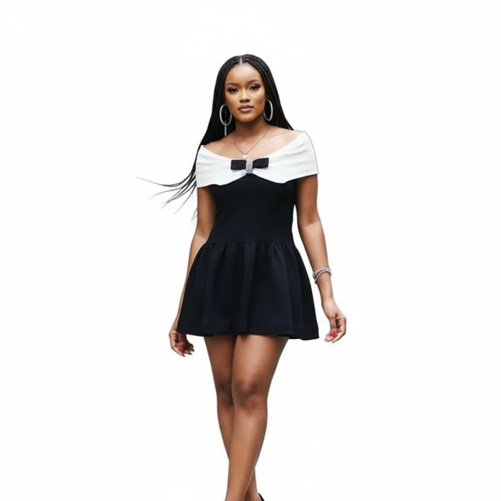 Straight Shoulder Bow Mini Dress - Image 3