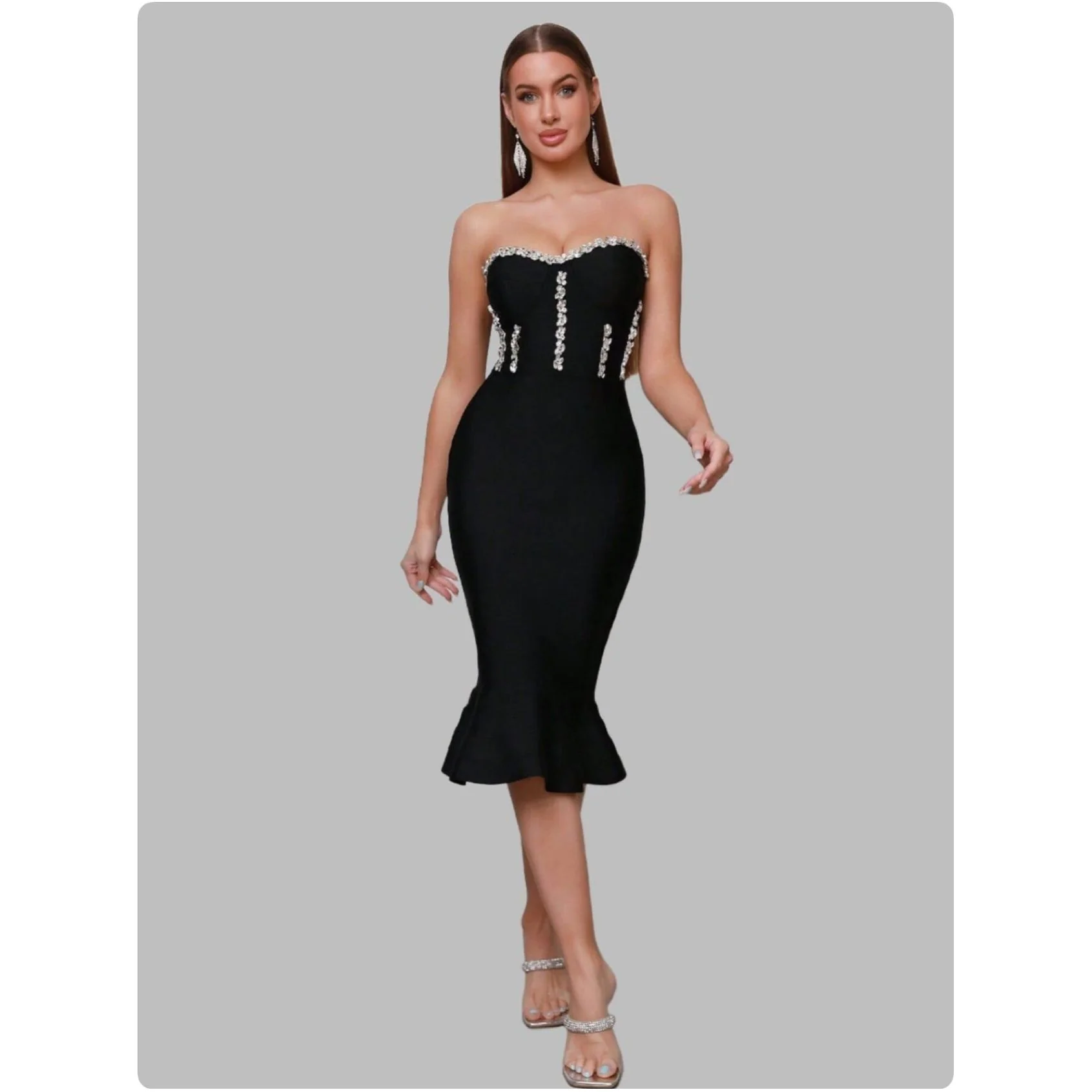 Strapless Diamante Midi Bodycon Dress - Image 3