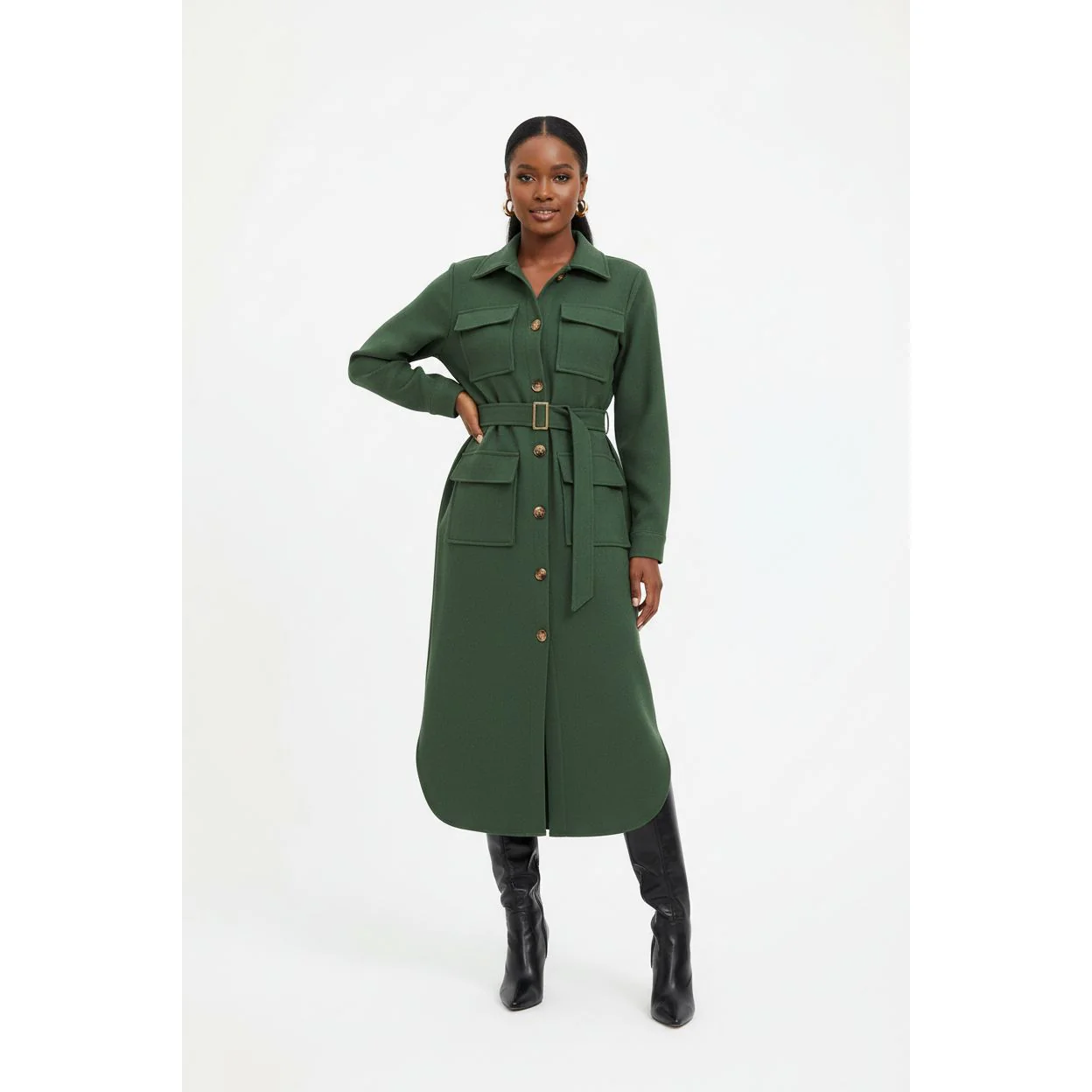 Stretch Cotton Utility Style Long Sleeve Midi Dress - Image 2