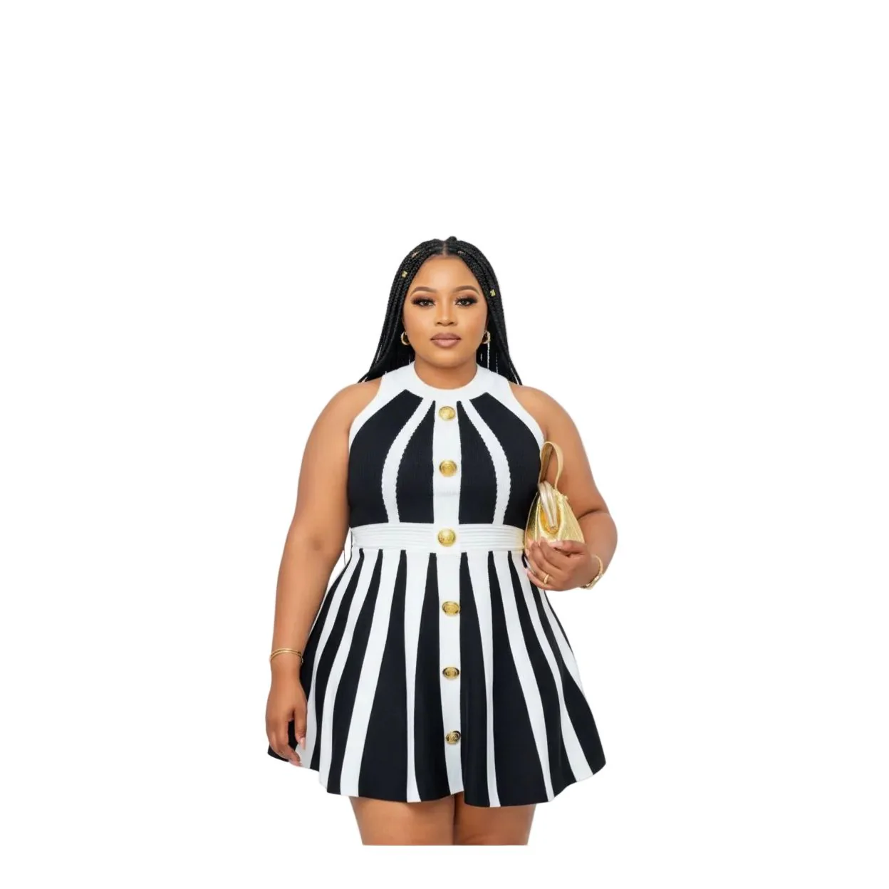 Stripe Button 3D Rose Halter Backless Sexy Sleeveless Knitted Mini Dress