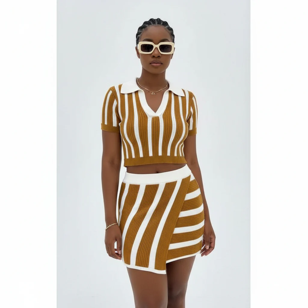 Striped Knitted Crop Top & Skirt Set - Image 2