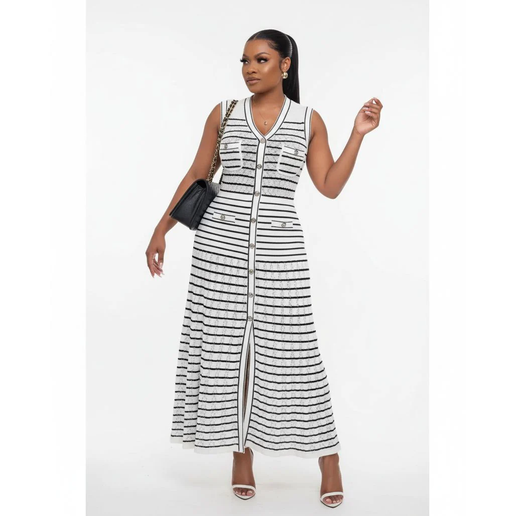 Striped Knitted Sleeveless Long Dress. - Image 2