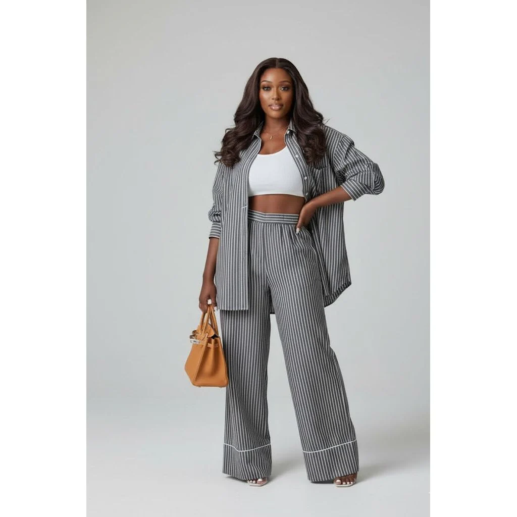 Striped Oversized Shirt & Pants Casual Lounge Set - Image 2