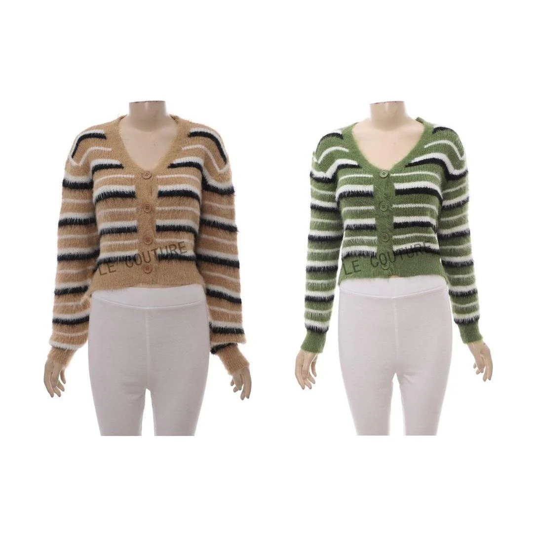 Striped Pattern Fluffy Knit Cardigan - Image 2