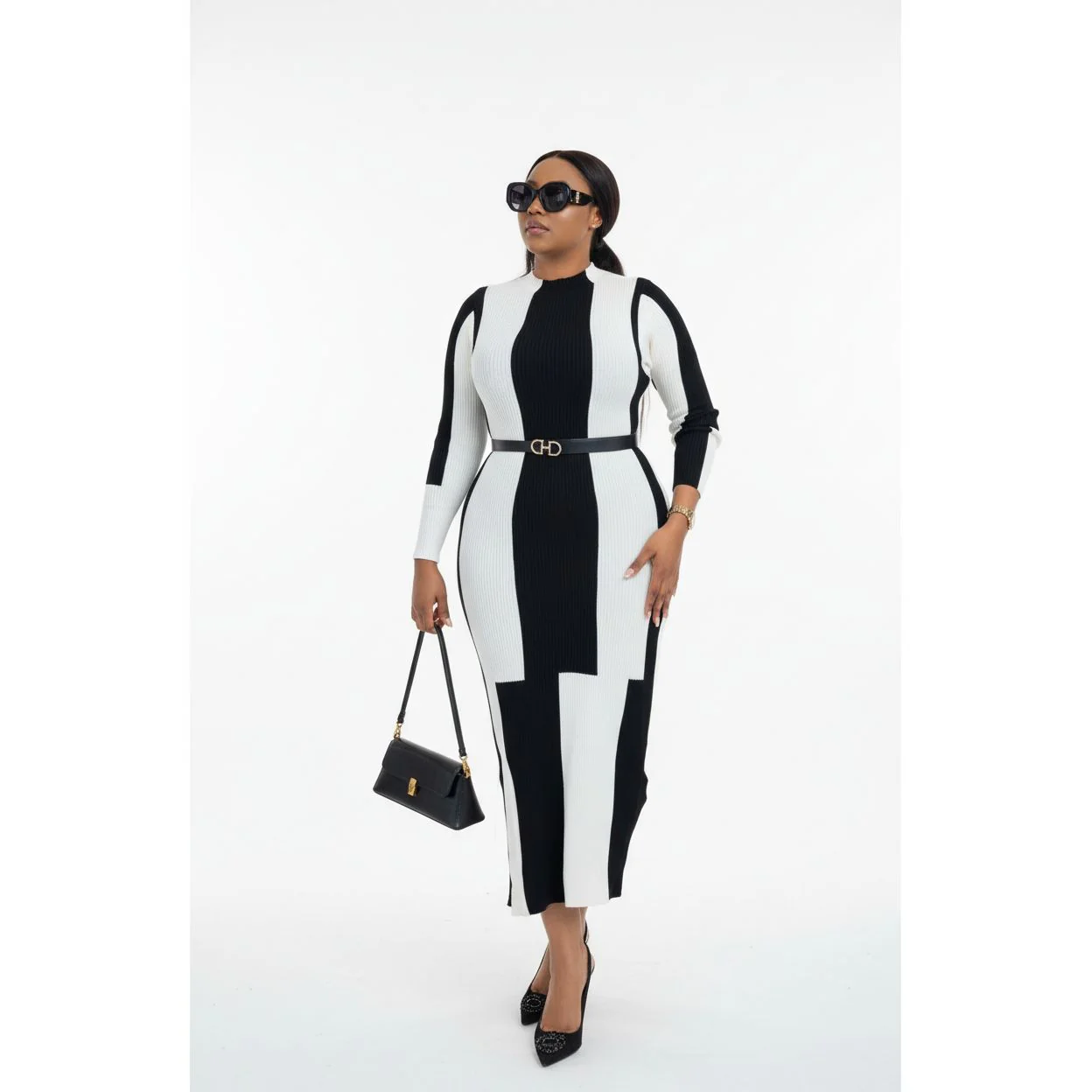 Striped Pattern Long Sleeve A-line Midi Dress - Image 2