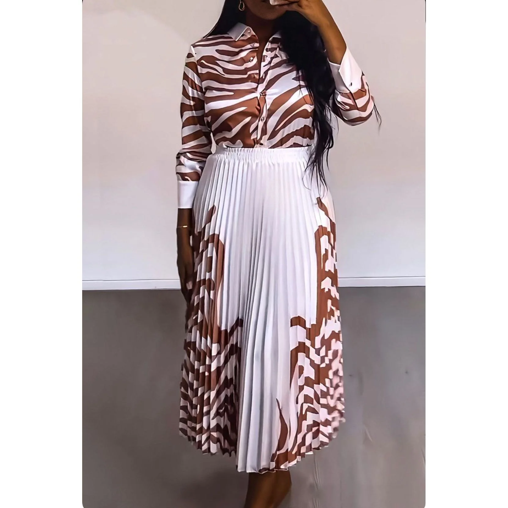 Dashiki Print Pleated Skirt and Shirt Set - Image 5
