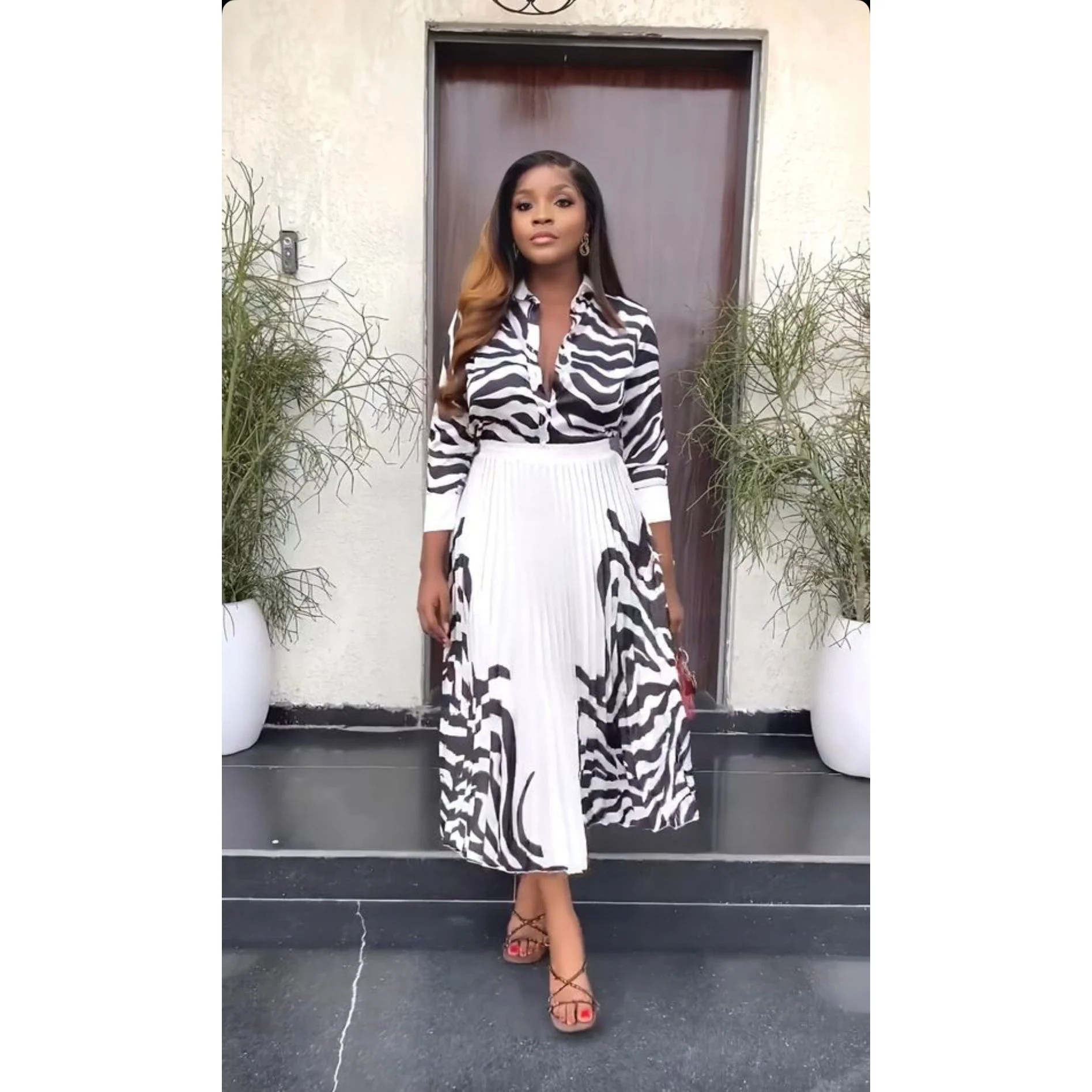 Dashiki Print Pleated Skirt and Shirt Set - Image 7