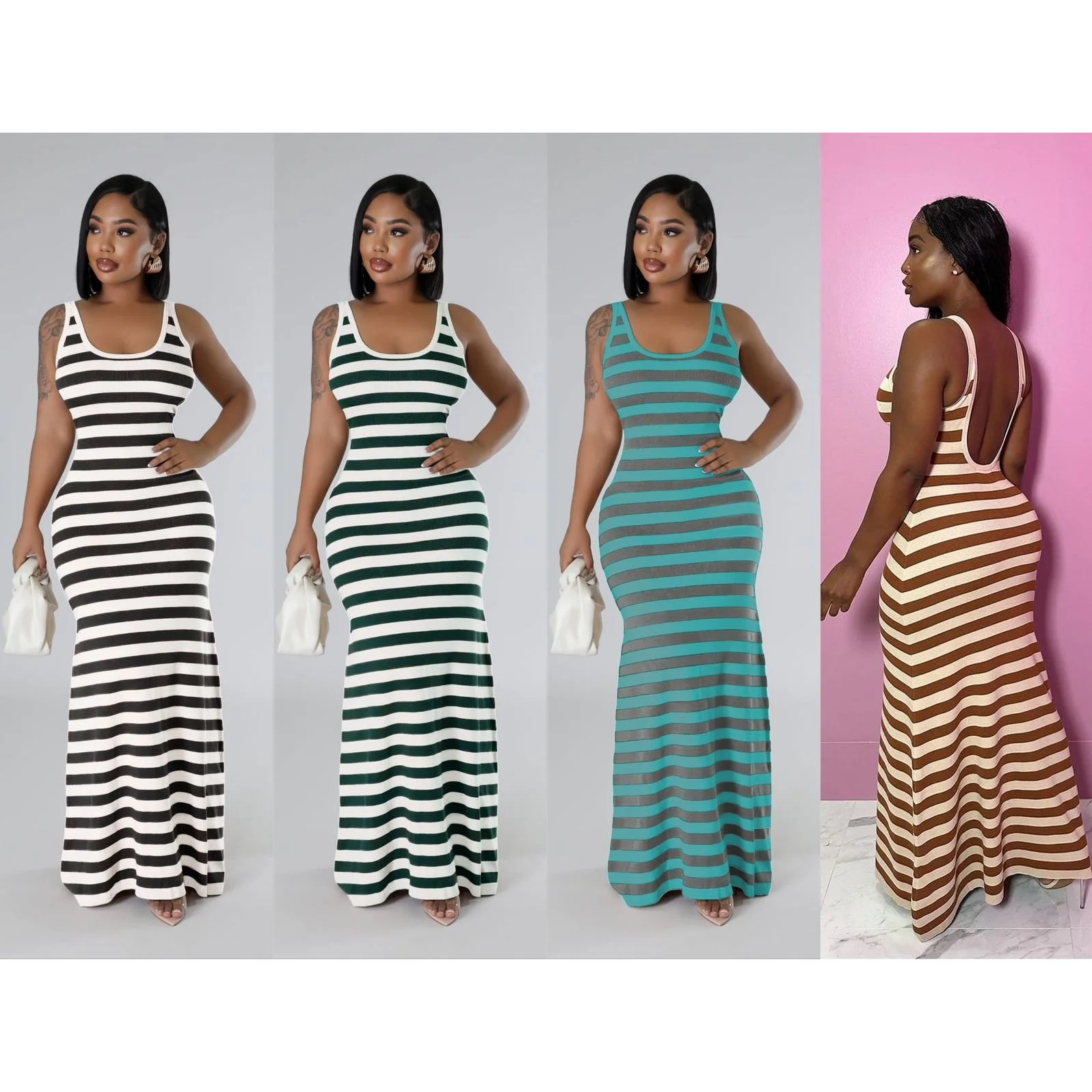 Striped Print Sleeveless Long Bodycon Dress. - Image 4