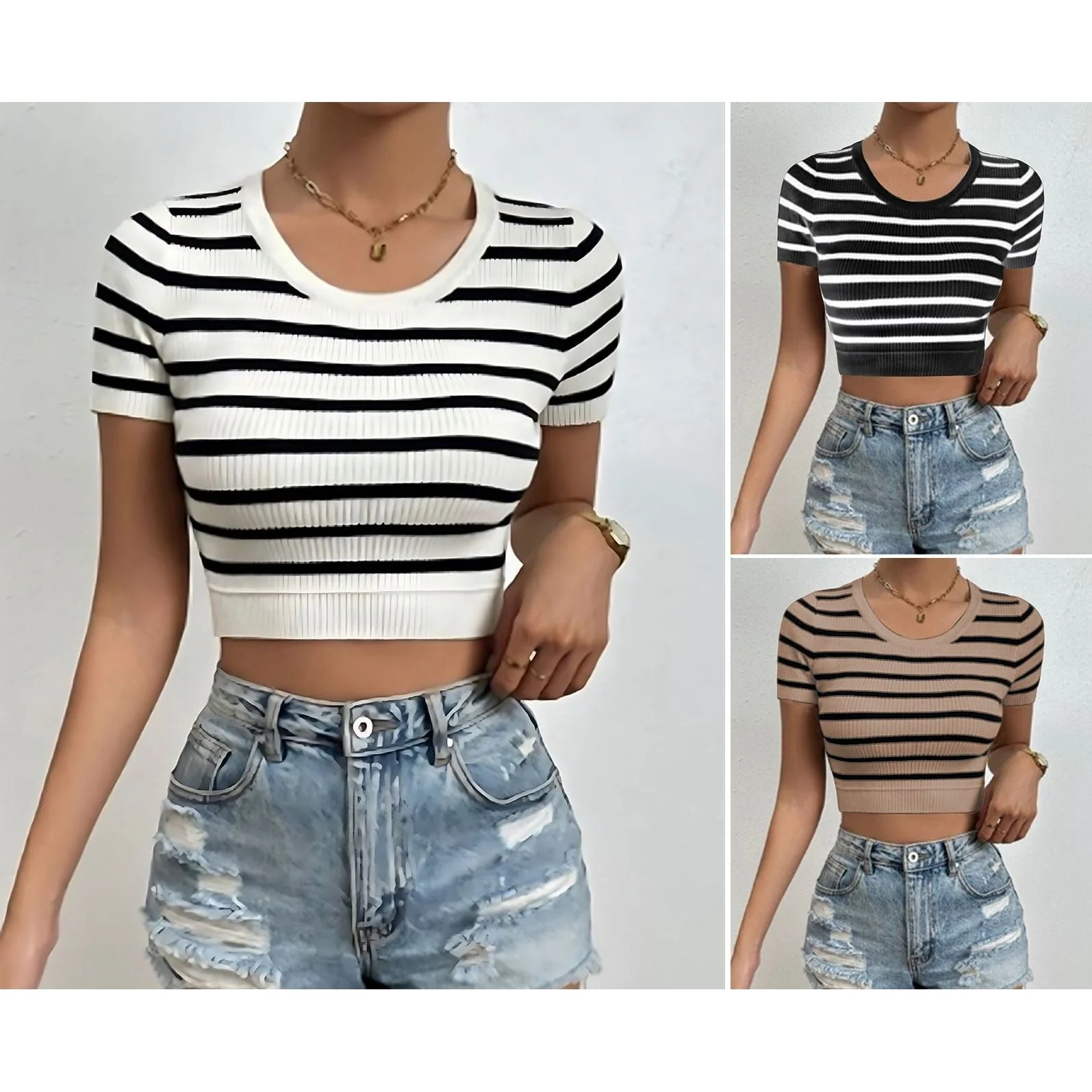 Striped Round Neck Short Sleeve Top - Image 2