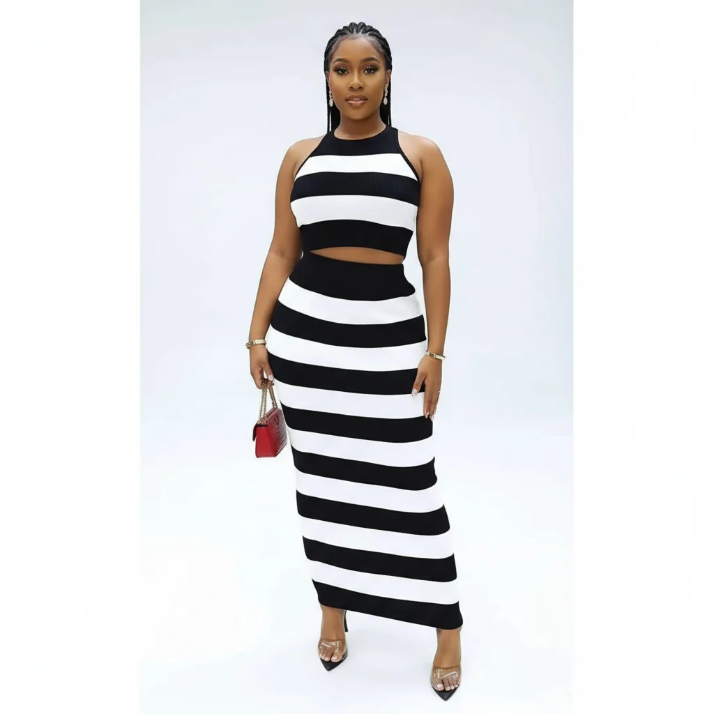 Striped Slit Skirt and Top Set