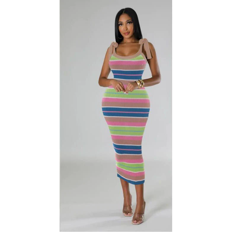 Striped Sweater Knit Shoulder Tie Midi Dress