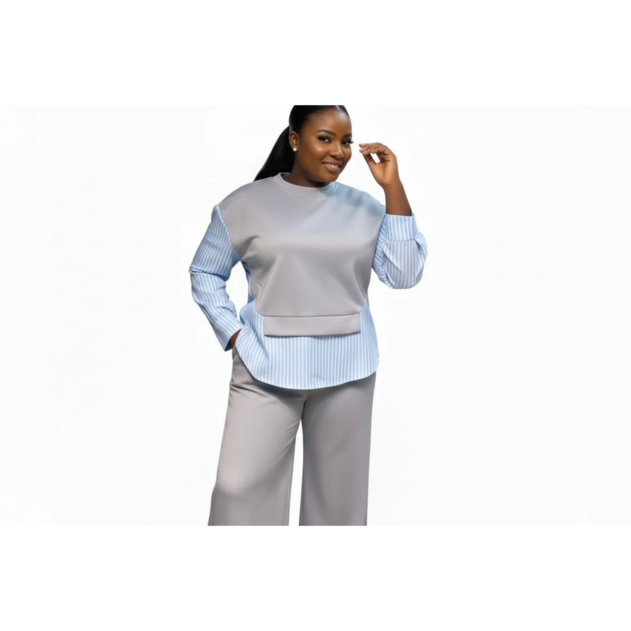 Striped Sweatshirt Top & High-Waisted Wide-Leg Pants - Image 3