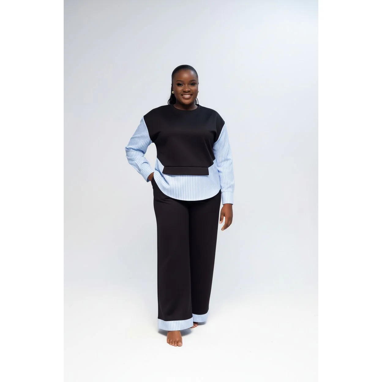 Striped Sweatshirt Top & High-Waisted Wide-Leg Pants - Image 4