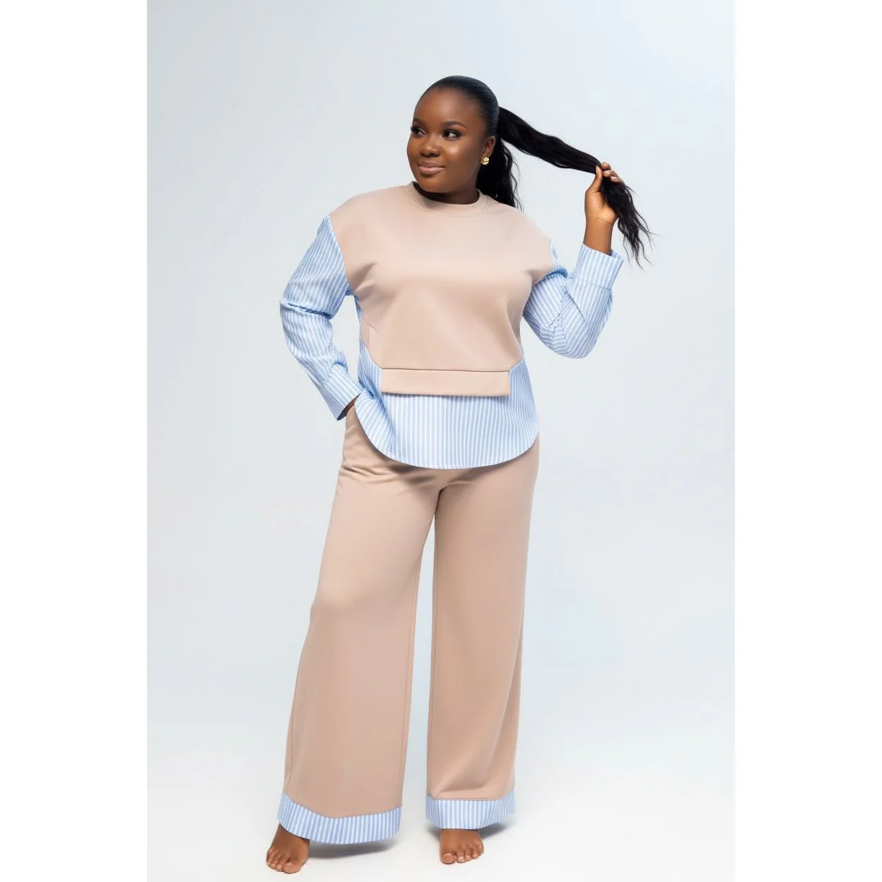 Striped Sweatshirt Top & High-Waisted Wide-Leg Pants - Image 5