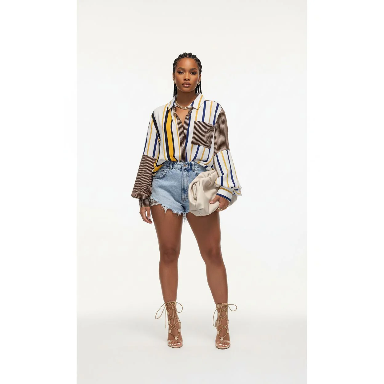 Striped Turndown Collar Long Sleeve Print Shirt