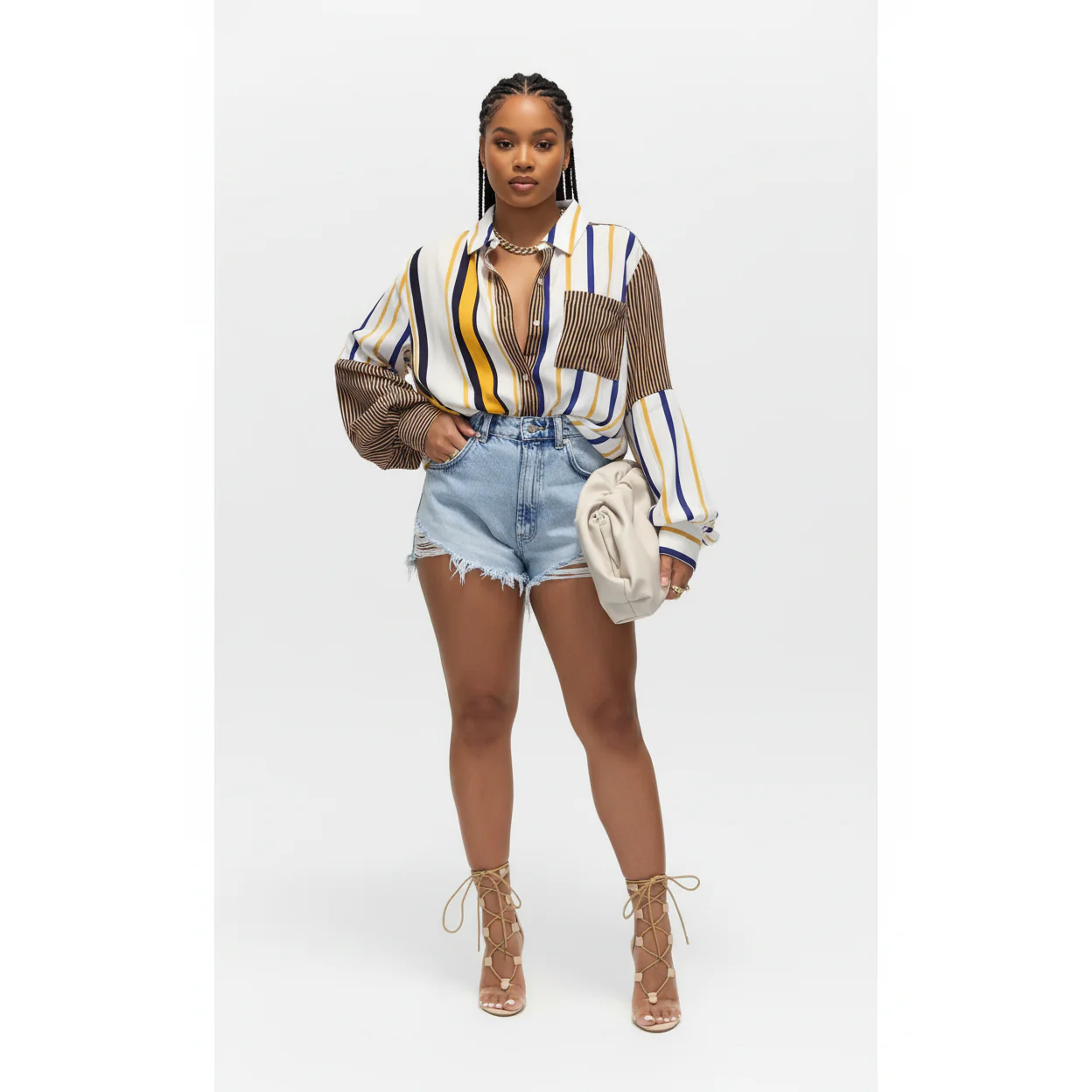 Striped Turndown Collar Long Sleeve Print Shirt - Image 2