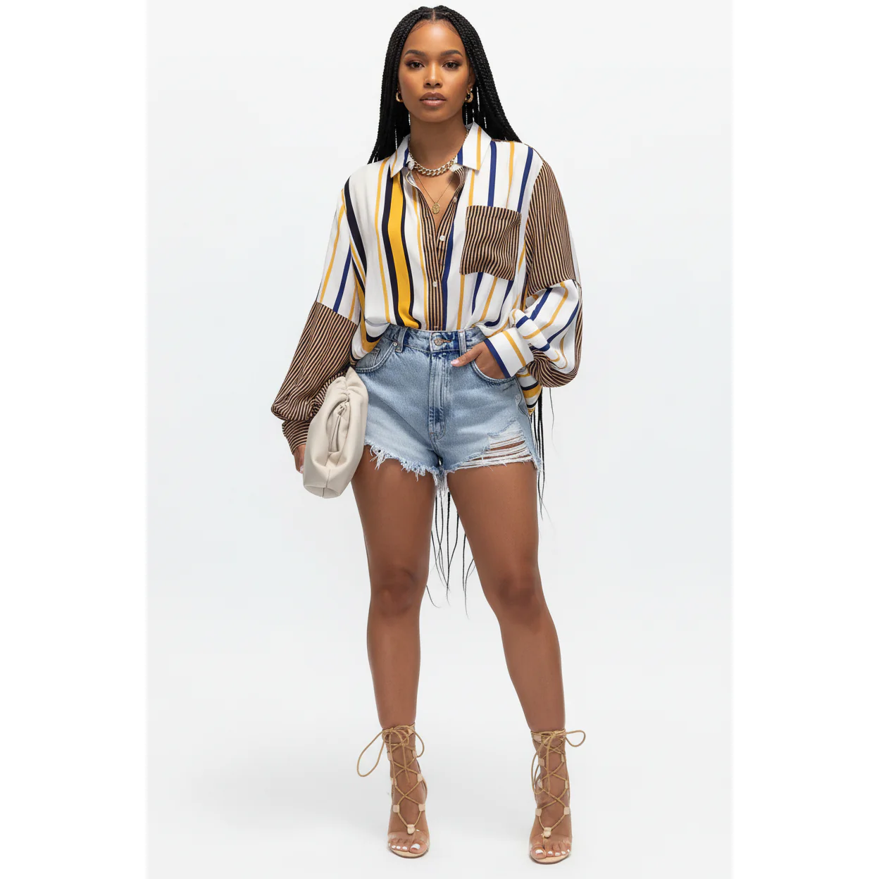Striped Turndown Collar Long Sleeve Print Shirt - Image 3